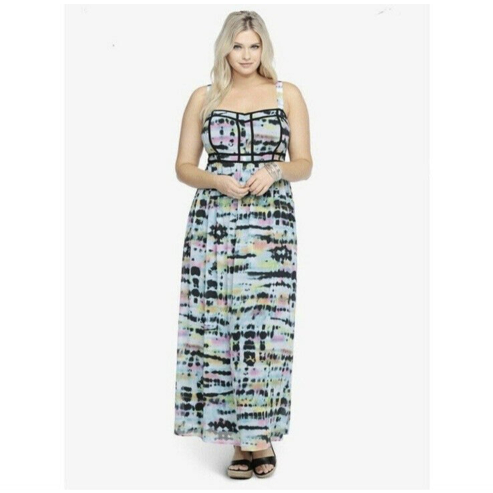 Plus Tie-Dye Print Maxi Dress with Contrast Piping - Pastel